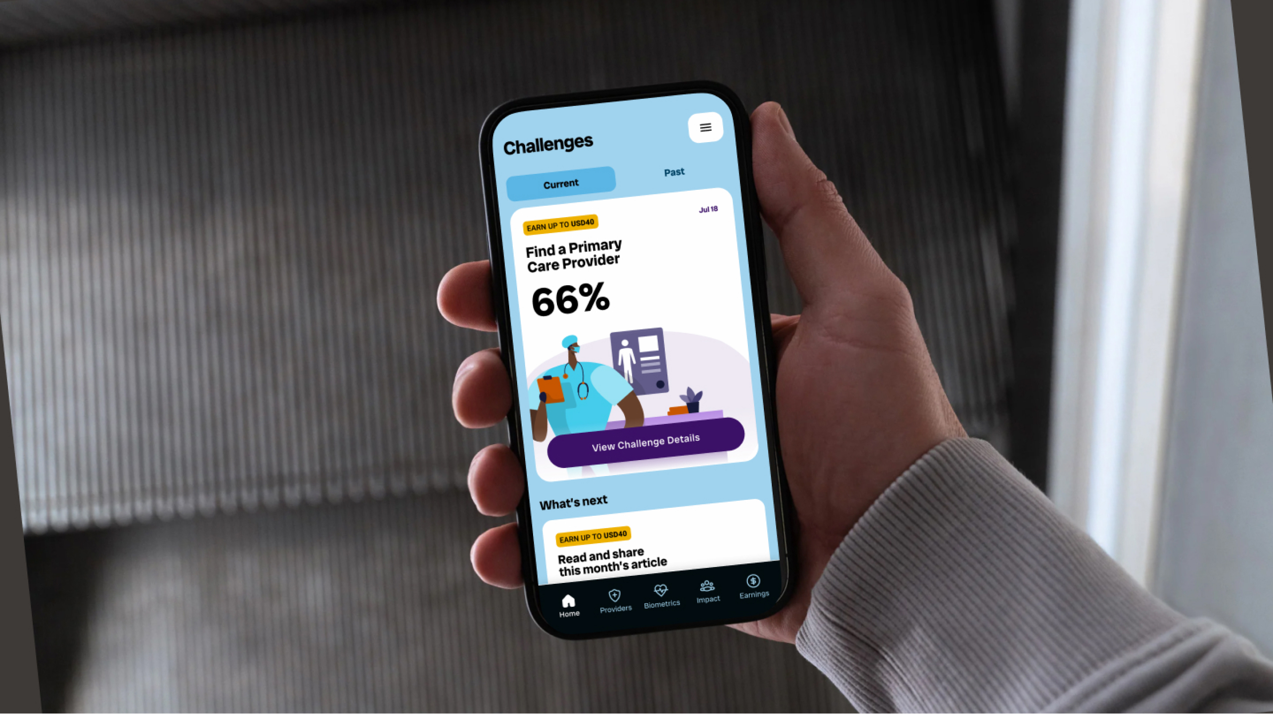 Smartphone screens displaying health-related questionnaires and reward programs for engaging with healthcare services.